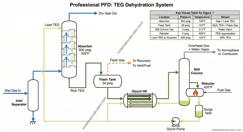 TEG dehydration system process flow showing absorber, flash tank, reboiler, and glycol circulation